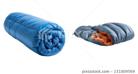 Two camping sleeping bags rolled and unrolled for outdoor adventures isolated on white background Two camping sleeping bags rolled and unrolled for outdoor adventures isolated on white background 131809569