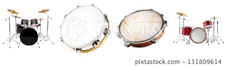 Drum kit cymbals and percussion instruments close up detail isolated on white background 131809614