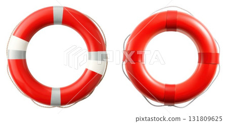 Two bright red lifebuoys ready for safety and rescue isolated on white background 131809625