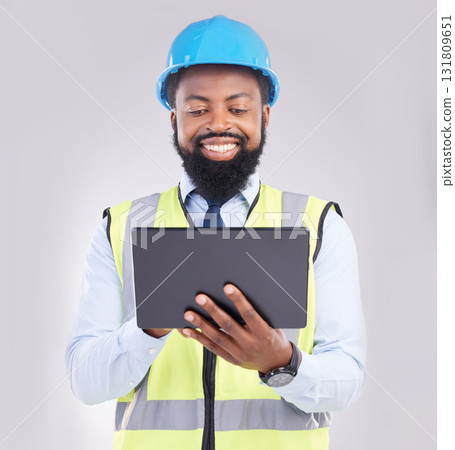 Black man, engineer and tablet in studio for construction with smile for architecture, design or building. Architect, mobile touchscreen and excited face for property, development and project on app 131809651