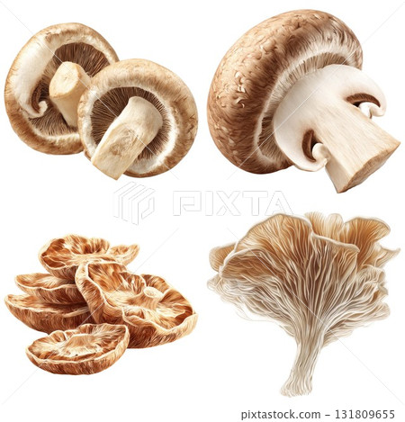 Four types of fresh mushrooms for culinary use isolated on white background Four types of fresh mushrooms for culinary use isolated on white background 131809655