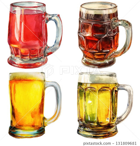 Four refreshing craft beer mugs showing different amber and red hues isolated on white background 131809681