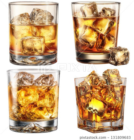 Four glasses of whiskey with ice cubes close up view isolated on white background 131809683