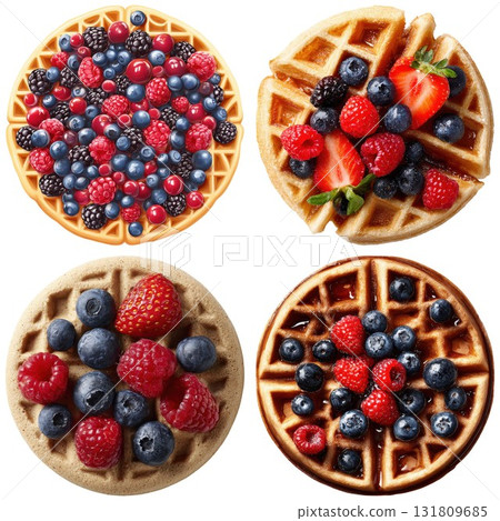 Four delicious waffles topped with fresh mixed berries isolated on white background 131809685