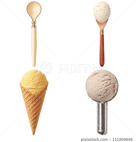 Ice cream cones and scoops food photography still life isolated on white background 131809686