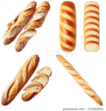 Assortment of freshly baked baguettes and artisan breads overhead isolated on white background 131809691