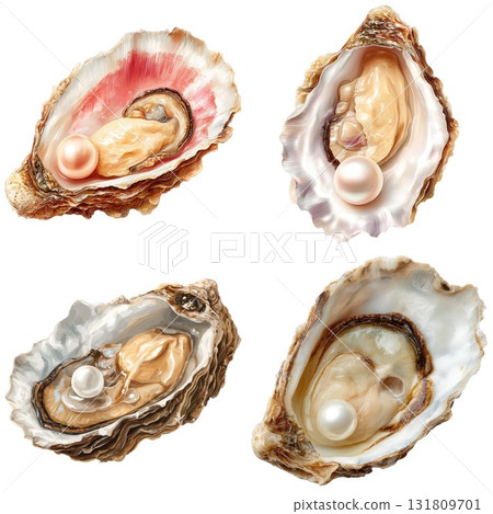 Fresh open oysters displayed four ways seafood delicacy studio shot isolated on white background 131809701