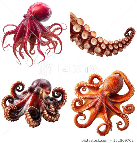 Four different octopuses displayed in a four-panel collage isolated on white background 131809702