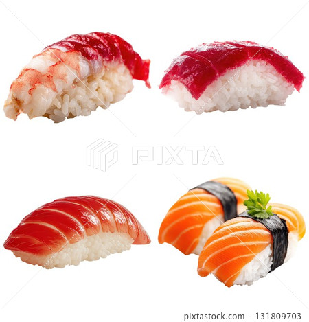 Delicious assortment of fresh sushi nigiri ready to eat isolated on white background 131809703