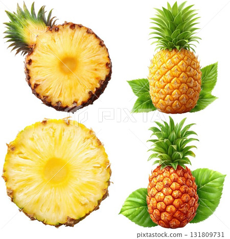 Fresh pineapple slices and whole fruits with green leaves on white isolated on white background 131809731