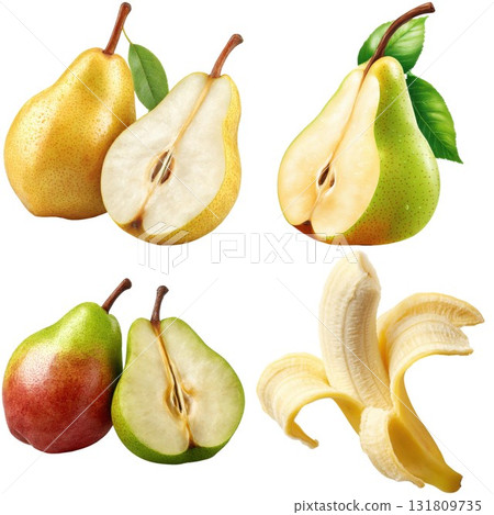 Fresh ripe pears and peeled banana assortment isolated on white background 131809735