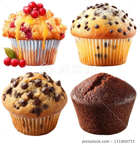 Four delicious assorted muffins ready to be enjoyed isolated on white background Four delicious assorted muffins ready to be enjoyed isolated on white background 131809755