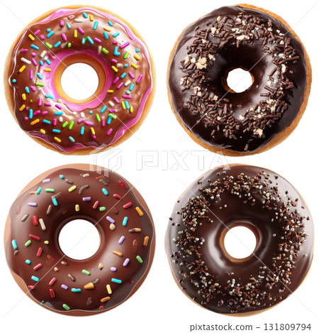 Four delicious chocolate and frosted doughnuts with sprinkles top view isolated on white background 131809794