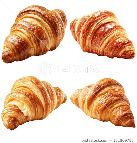 Four golden brown croissants freshly baked and ready to eat isolated on white background 131809795