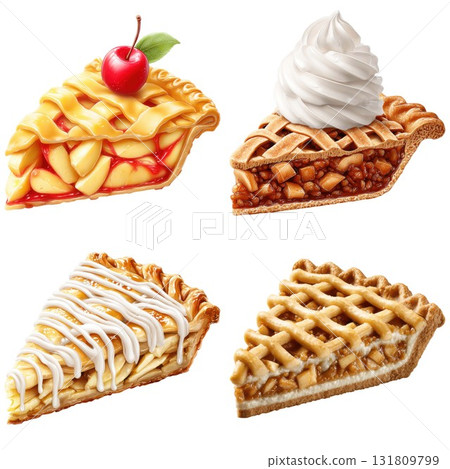 Four delicious slices of apple pie with various toppings isolated on white background 131809799