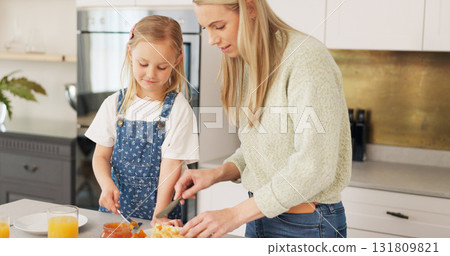 Food, love and mother with girl in a kitchen for breakfast, learning and help in their home. Family, cooking and kid with mom in a house for meal, teaching and child development bonding on weekend Food, love and mother with girl in a kitchen for breakfast, learning and help in their home. Family, cooking and kid with mom in a house for meal, teaching and child development bonding on weekend 131809821