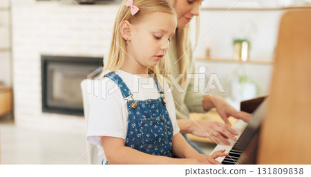 Music, girl with piano and musical education, teacher and training with family in the home living room. Child musician playing keys, instrument or creative audio art, performance or kid with practice Music, girl with piano and musical education, teacher and training with family in the home living room. Child musician playing keys, instrument or creative audio art, performance or kid with practice 131809838