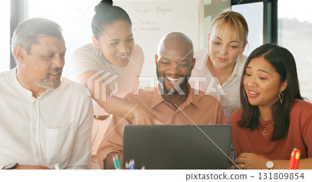 Business people, laptop and team meeting for collaboration, manager presentation and planning startup project in marketing. Online, happy group and employees with computer for social media planning 131809854