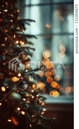 Beautifully Decorated Christmas Tree With Glowing Lights in Cozy Indoor Setting 131809875