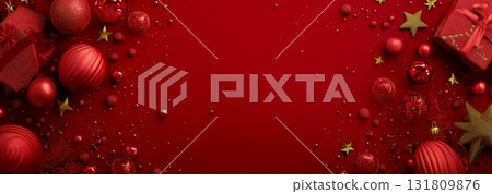 Festive Red Background Decorated With Christmas Ornaments and Gifts During the Holiday Season 131809876