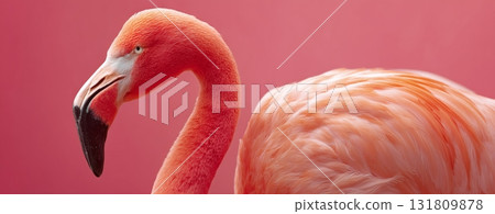 Flamingo Standing Gracefully Against a Vibrant Pink Background in Natural Light 131809878