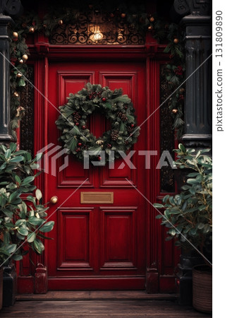 Festive Red Door Decorated With Greenery and a Wreath in a Charming Urban Setting 131809890