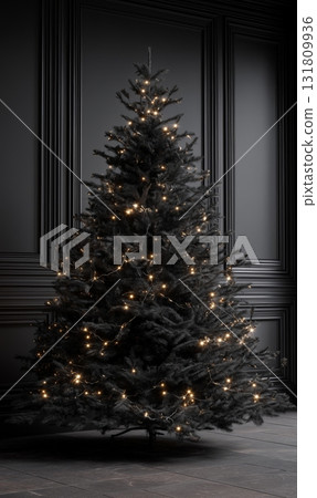 Elegant Black Christmas Tree With Warm Lights in Stylish Indoor Setting During Holiday Season 131809936