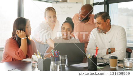 Business people, laptop and meeting for teamwork, collaboration and project marketing or SEO planning. Professional group of men and women in diversity, website research on computer for presentation Business people, laptop and meeting for teamwork, collaboration and project marketing or SEO planning. Professional group of men and women in diversity, website research on computer for presentation 131809969