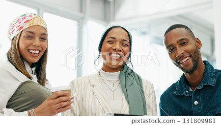 Business people, portrait and smile in office with tablet, company joke or funny comic meme in meeting. Marketing team, happy or creative women and man on technology in diversity teamwork or about us 131809981