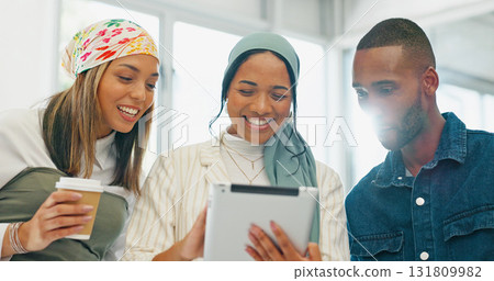 Happy creative people, tablet and meeting in team planning, networking or communication at office. Group of employees smile with technology in teamwork, project plan or startup together at workplace Happy creative people, tablet and meeting in team planning, networking or communication at office. Group of employees smile with technology in teamwork, project plan or startup together at workplace 131809982