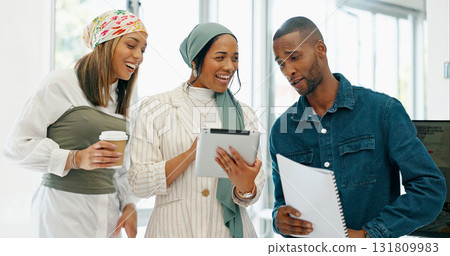 Tablet, documents and coffee with laughing business people together in an office as work friends. Technology, strategy and funny game plan with a man and woman employee group in the workplace 131809983