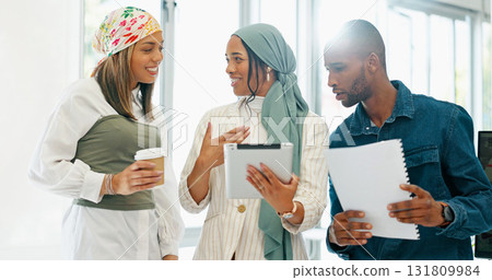 Tablet, teamwork and consulting with business people planning in office for idea, research and project management. Networking, communication and technology with group of employees for creative agency 131809984