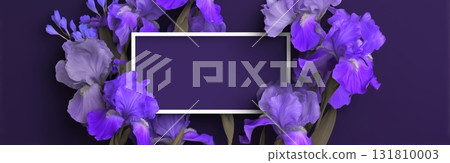 Beautiful Purple Irises Surround a Blank Frame for Creative Designs or Announcements 131810003