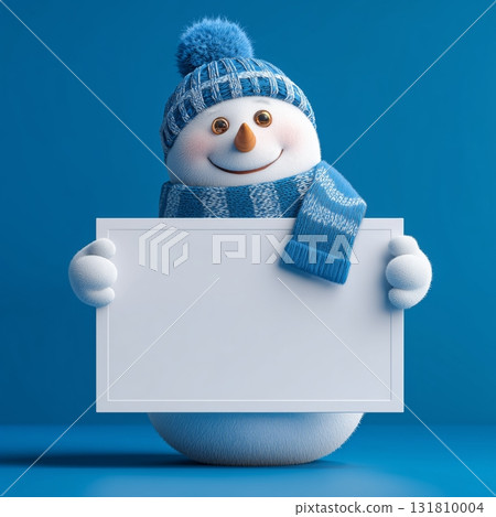 Cute Snowman Holding a Blank Sign on a Light Blue Background in a Cheerful Setting 131810004