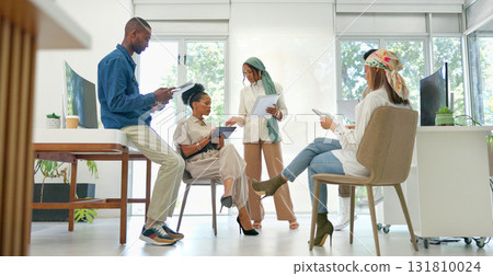 Business woman, leadership or teaching in workshop for training or coaching feedback on tablet or paperwork. Group, talking or manager speaking of mentorship for startup vision in review meeting 131810024