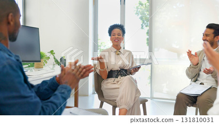 Business people, talking or clapping for success in meeting or workshop training for growth, target or goal. Smile, teamwork or applause for happy winner or black woman in celebration for achievement 131810031