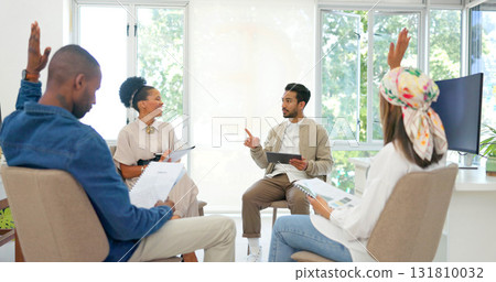 Business people, talking or answer hands in workshop circle for training or feedback on tablet or paper. Collaboration, teamwork or employees with question for mentor, leader or man in review meeting 131810032