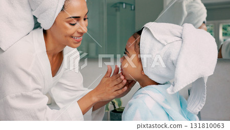 Skincare, home bathroom and happy mother, child and cosmetics application, morning routine or collagen. Girl learning grooming, wellness and family kid, mom or people apply cream, makeup or product 131810063