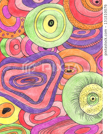 Abstract flowers and round shape drawn with colored pencils in childish style. Bright hand drawn color stain background, curved lines, dots asian ornament, line art scribble for postcard, your design 131810076