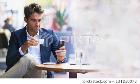 Businessman, coffee shop and phone for networking with mockup space, reading and focus at table. Man, smartphone and espresso with communication, social media app and texting on web chat ux at cafe Businessman, coffee shop and phone for networking with mockup space, reading and focus at table. Man, smartphone and espresso with communication, social media app and texting on web chat ux at cafe 131810078