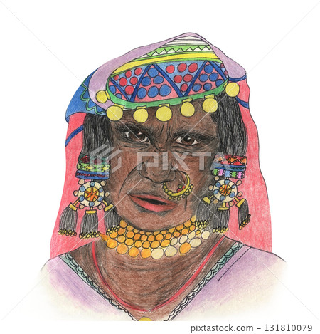 Indian elderly women portrait with bindi, drawing colored pencils. Adult women, grandma in national costume, sari, dupatta and jewelry. Character in children illustration, female Eastern exotic image 131810079