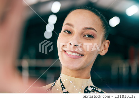 Selfie, gymnastics and portrait of woman in gym excited for aerobics competition, practice and training. Sports, fitness and photo of girl rhythmic athlete for balance, flexibility and dance routine Selfie, gymnastics and portrait of woman in gym excited for aerobics competition, practice and training. Sports, fitness and photo of girl rhythmic athlete for balance, flexibility and dance routine 131810132