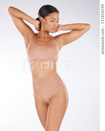 Body, underwear and beauty black woman isolated on a white background for skincare, cosmetics and aesthetic. Young lingerie model or person in studio mockup for dermatology or hair removal results 131810249