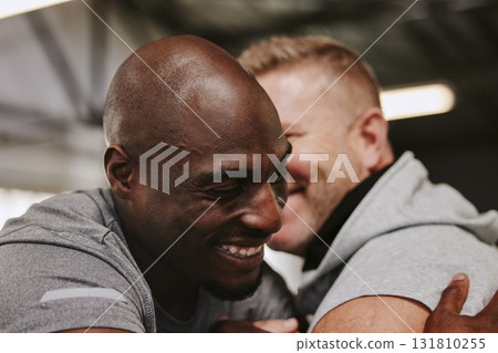 Gym, hug and personal trainer with man for fitness, goal and motivation, encouragement and happy on mockup. Coach, embrace and friends hugging in support of training, workout or performance progress Gym, hug and personal trainer with man for fitness, goal and motivation, encouragement and happy on mockup. Coach, embrace and friends hugging in support of training, workout or performance progress 131810255