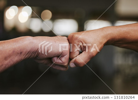 Hands, fist bump and fitness motivation for sports, greeting or team building in gym for wellness. Athlete men, friends partnership and support, agreement and collaboration, success and teamwork. 131810264