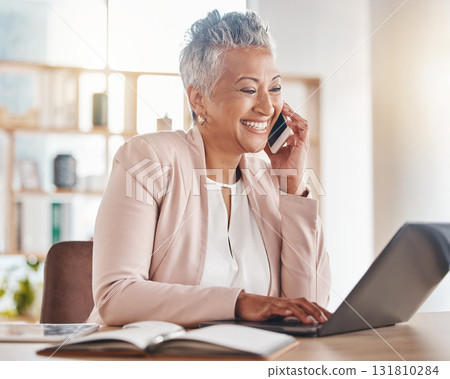 Phone call, happy accountant or woman on laptop for financial networking, company growth or trading in office. Finance, smile or advisor on smartphone for stock market, invest budget or tax planning 131810284