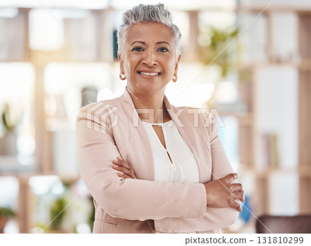 Portrait, business and woman with arms crossed in office, corporate company and management in Colombia. Business executive, mature female and smile for leadership, professional trust or vision of ceo 131810299