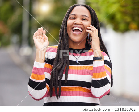 Black woman, phone call and laughing in city, happiness and conversation of outdoor travel. Happy urban female talking on mobile, communication or smartphone technology of funny networking connection 131810302