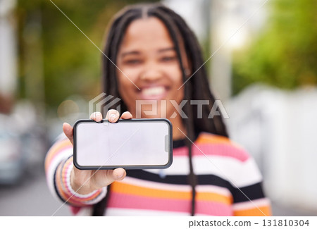 Mockup screen, phone or black woman with marketing advertising or product placement digital space. Blurred, smile or happy gen z girl on social media, website or internet for content branding review 131810304
