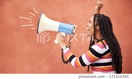 Megaphone, anger or black woman in protest with speech announcement for politics, equality or human rights. Young feminist leader, fighting or angry gen z girl shouting for justice on wall background Megaphone, anger or black woman in protest with speech announcement for politics, equality or human rights. Young feminist leader, fighting or angry gen z girl shouting for justice on wall background 131810305